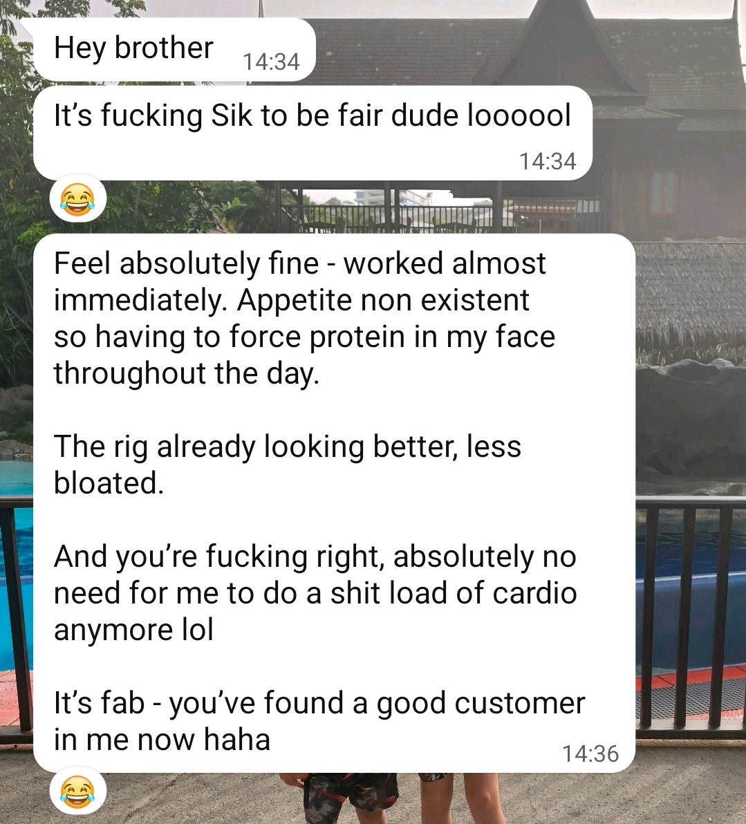WhatsApp: worked almost immediately, appetite non-existent, rig already looking better
